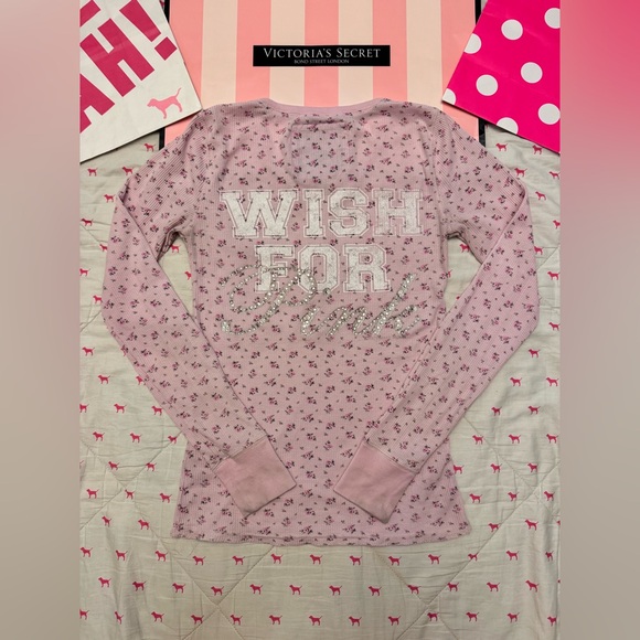 VS PINK VINTAGE Y2K LONG SLEEVE THERMAL HENLEY FLORAL “WISH FOR PINK” BLING RARE - Picture 1 of 9